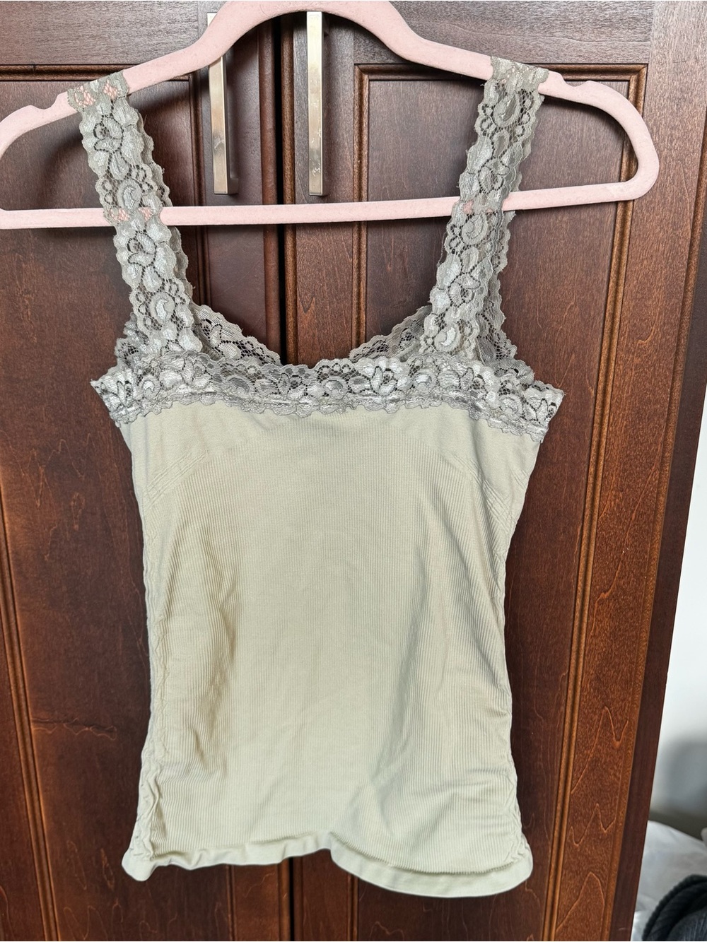 M Rena Womens One Size Lace Trim Seamless Tank Top Sage Green Ruched Camisole - Picture 6 of 10